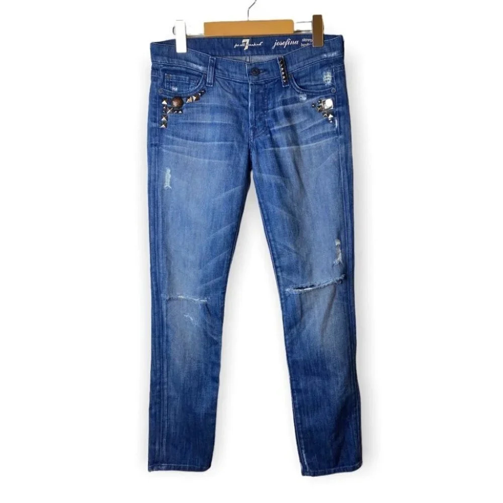 7 For All Mankind Josefina Skinny  Boyfriend Studded Distressed Blue Jeans 25